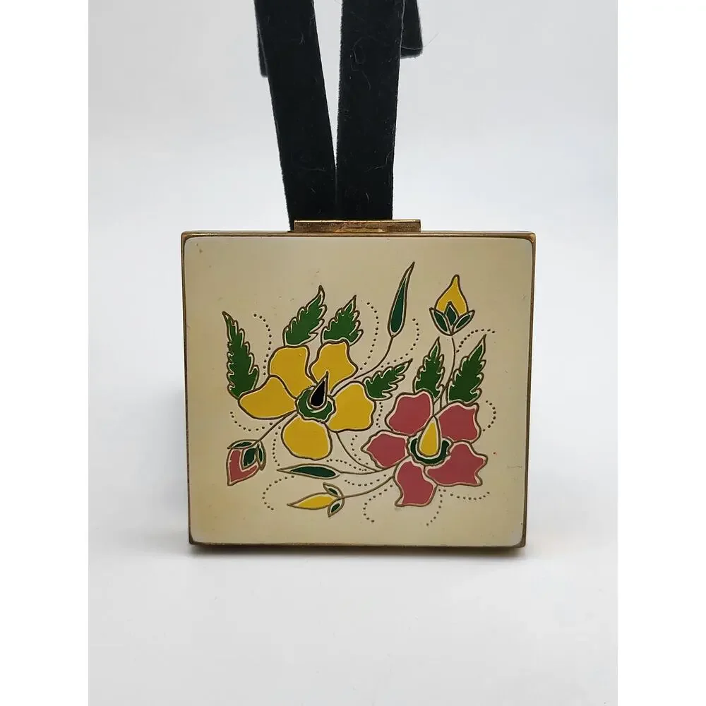 Vintage Shields Inc Floral Enamel Powder Compact Mirror Case